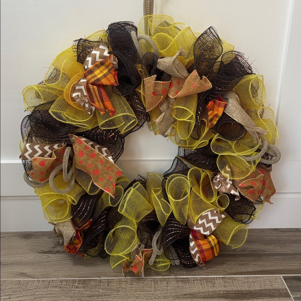 Fall Colorful Mesh Wreath with Ribbon Accents